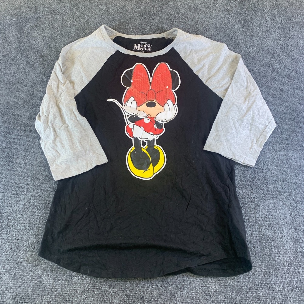 Disney Minnie Mouse Shirt Girls XL Black Gray Graphic Cotton Raglan Sleeve
